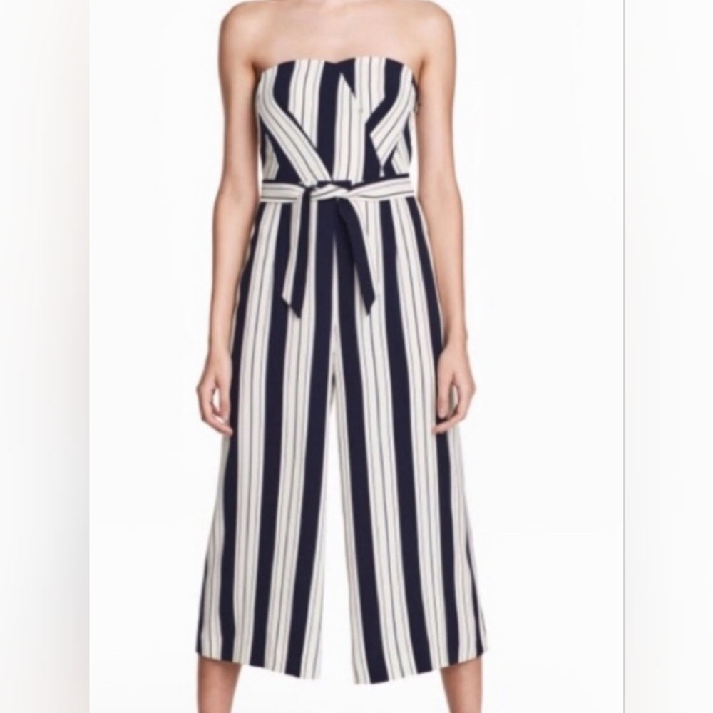 H&M navy and white striped strapless  cropped wide-leg jumpsuit size 12